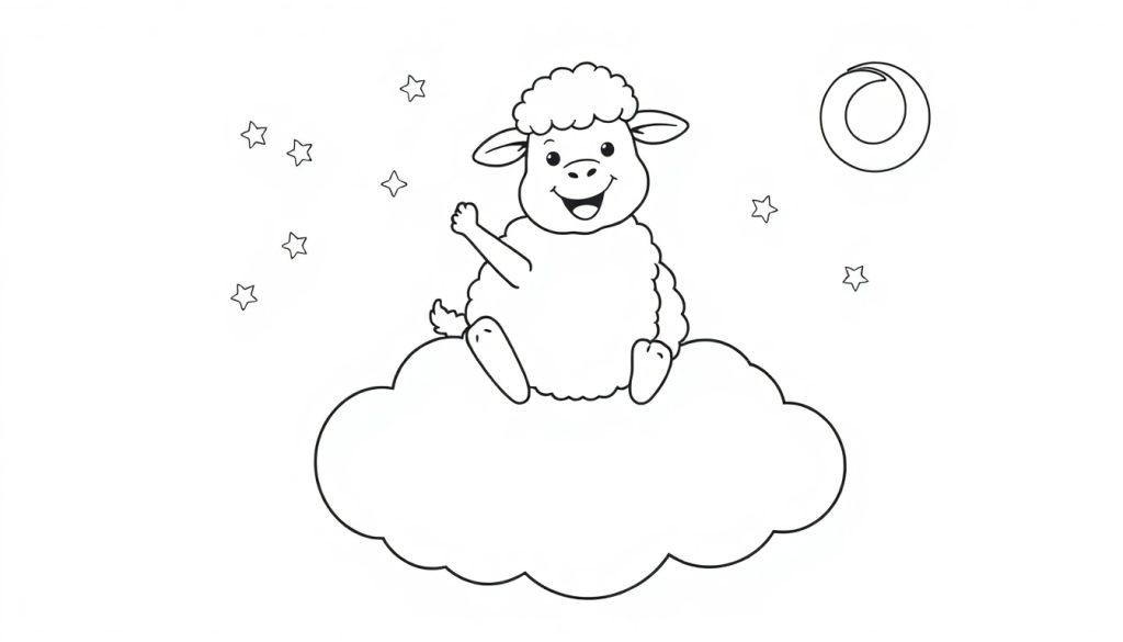 Ein niedliches, lockiges Schaf auf einer Wolke winkt, umgeben von Sternen und dem Mond. Für eine Farbtafel.