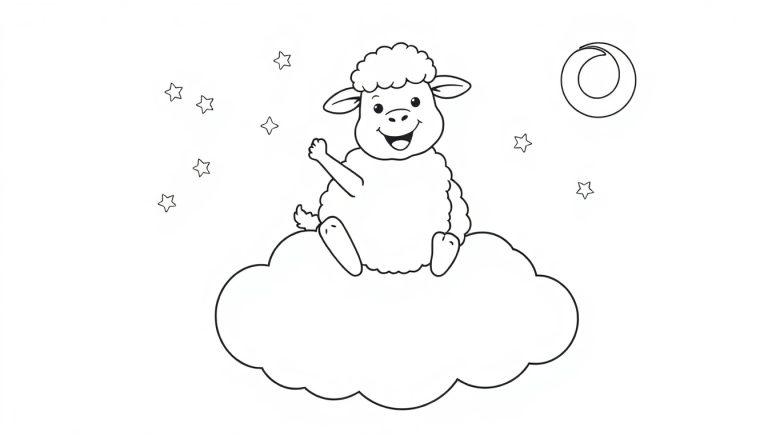 Ein niedliches, lockiges Schaf auf einer Wolke winkt, umgeben von Sternen und dem Mond. Für eine Farbtafel.