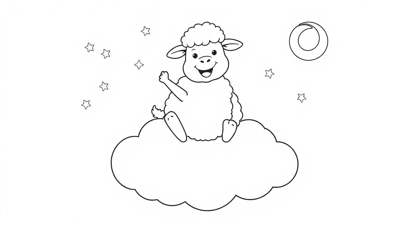 Ein niedliches, lockiges Schaf auf einer Wolke winkt, umgeben von Sternen und dem Mond. Für eine Farbtafel.