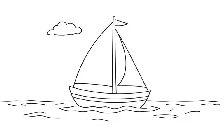 Eine niedliche Schwarz-Weiß-Farbtafel eines Segelboots auf dem Wasser.