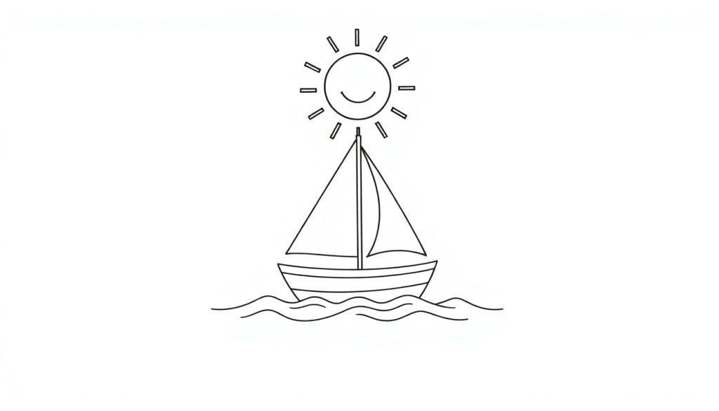 Strichzeichnung eines Segelboots auf dem Wasser, Farbtafel.