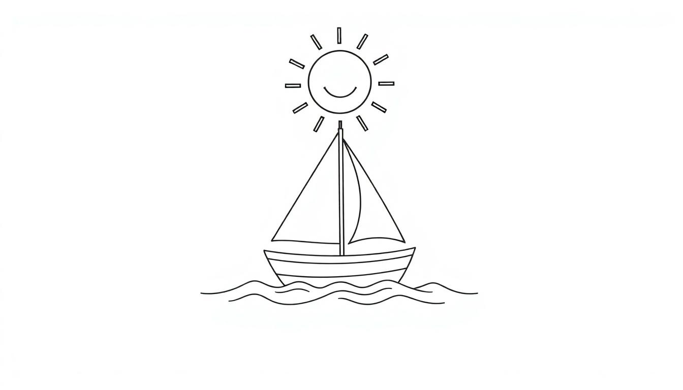 Strichzeichnung eines Segelboots auf dem Wasser, Farbtafel.