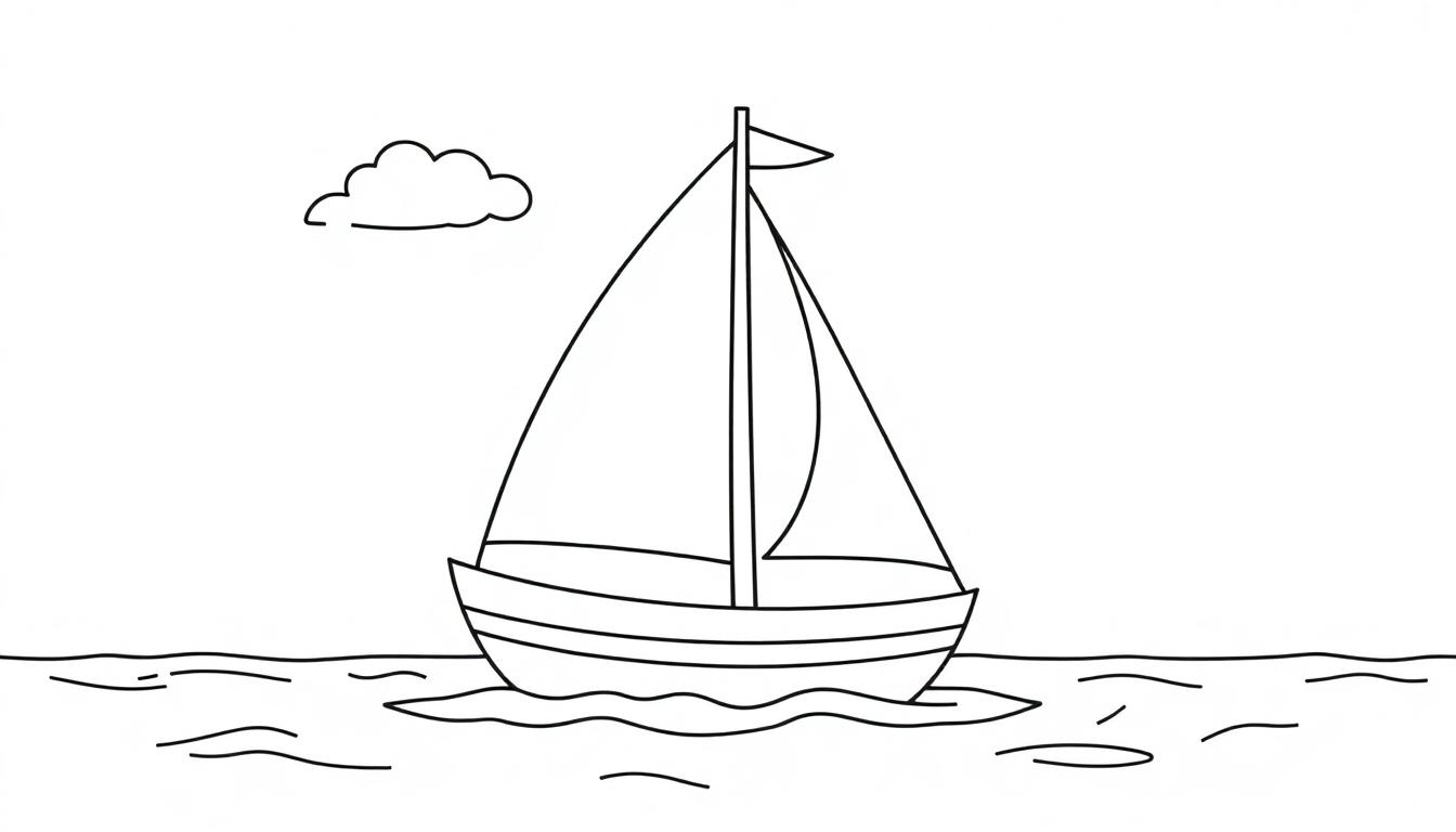 Eine niedliche Schwarz-Weiß-Farbtafel eines Segelboots auf dem Wasser.