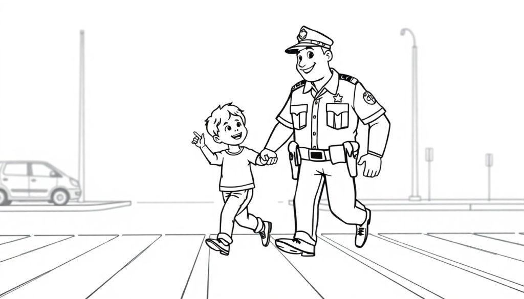 Schwarz-weiß-Farbtafel-Zeichnung eines Polizisten, der ein Kind über einen Zebrastreifen führt.