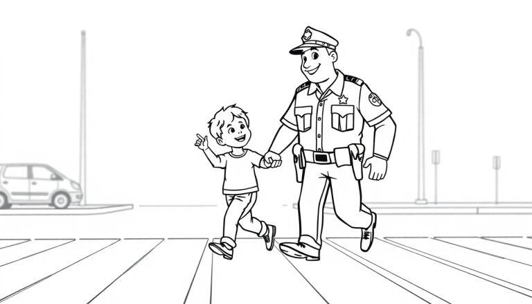Schwarz-weiß-Farbtafel-Zeichnung eines Polizisten, der ein Kind über einen Zebrastreifen führt.