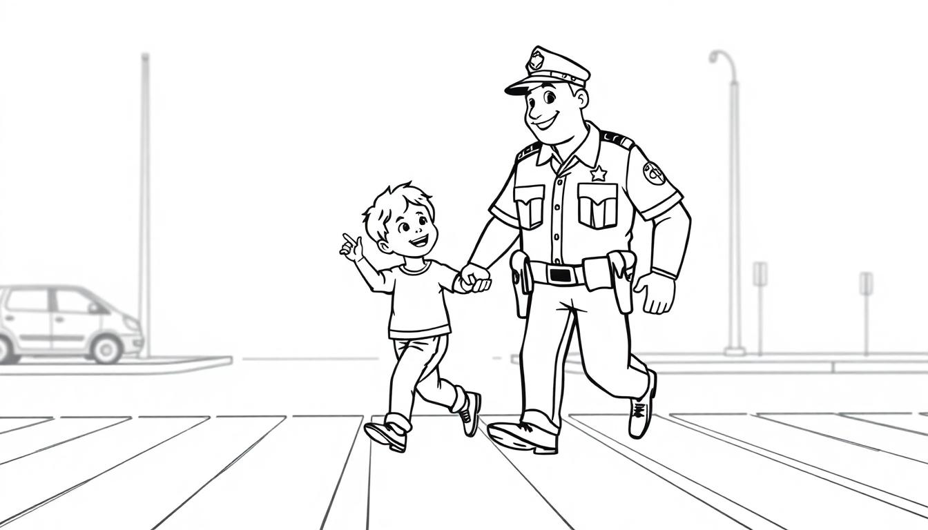 Schwarz-weiß-Farbtafel-Zeichnung eines Polizisten, der ein Kind über einen Zebrastreifen führt.