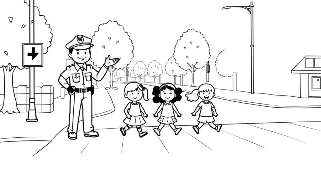 Schwarz-weiße Farbtafel-Zeichnung eines freundlichen Polizisten, der drei kleinen Mädchen hilft, die Straße sicher zu überqueren.