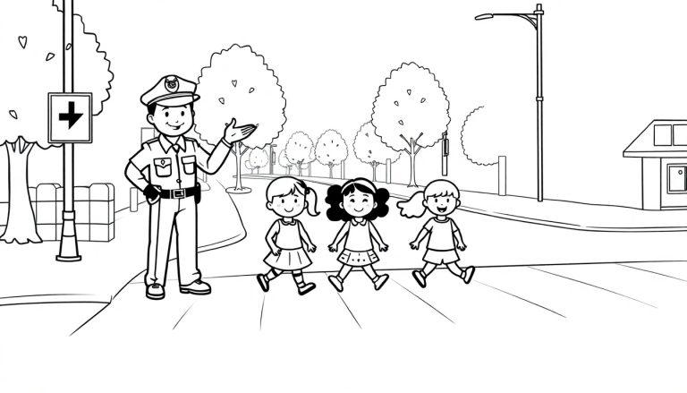 Schwarz-weiße Farbtafel-Zeichnung eines freundlichen Polizisten, der drei kleinen Mädchen hilft, die Straße sicher zu überqueren.