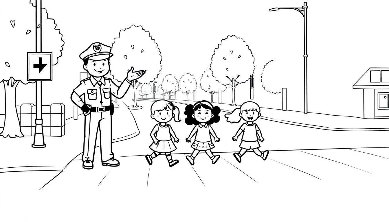 Schwarz-weiße Farbtafel-Zeichnung eines freundlichen Polizisten, der drei kleinen Mädchen hilft, die Straße sicher zu überqueren.