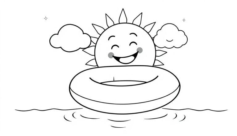 Eine fröhliche Cartoon-Sonne mit Wangenröte und einem breiten Lächeln schwimmt auf einem Schwimmreifen im Wasser. Kleine Wolken schweben neben ihr und funkelnde Sterne sind oben zu sehen. Eine einfache Farbtafel zum Ausmalen.