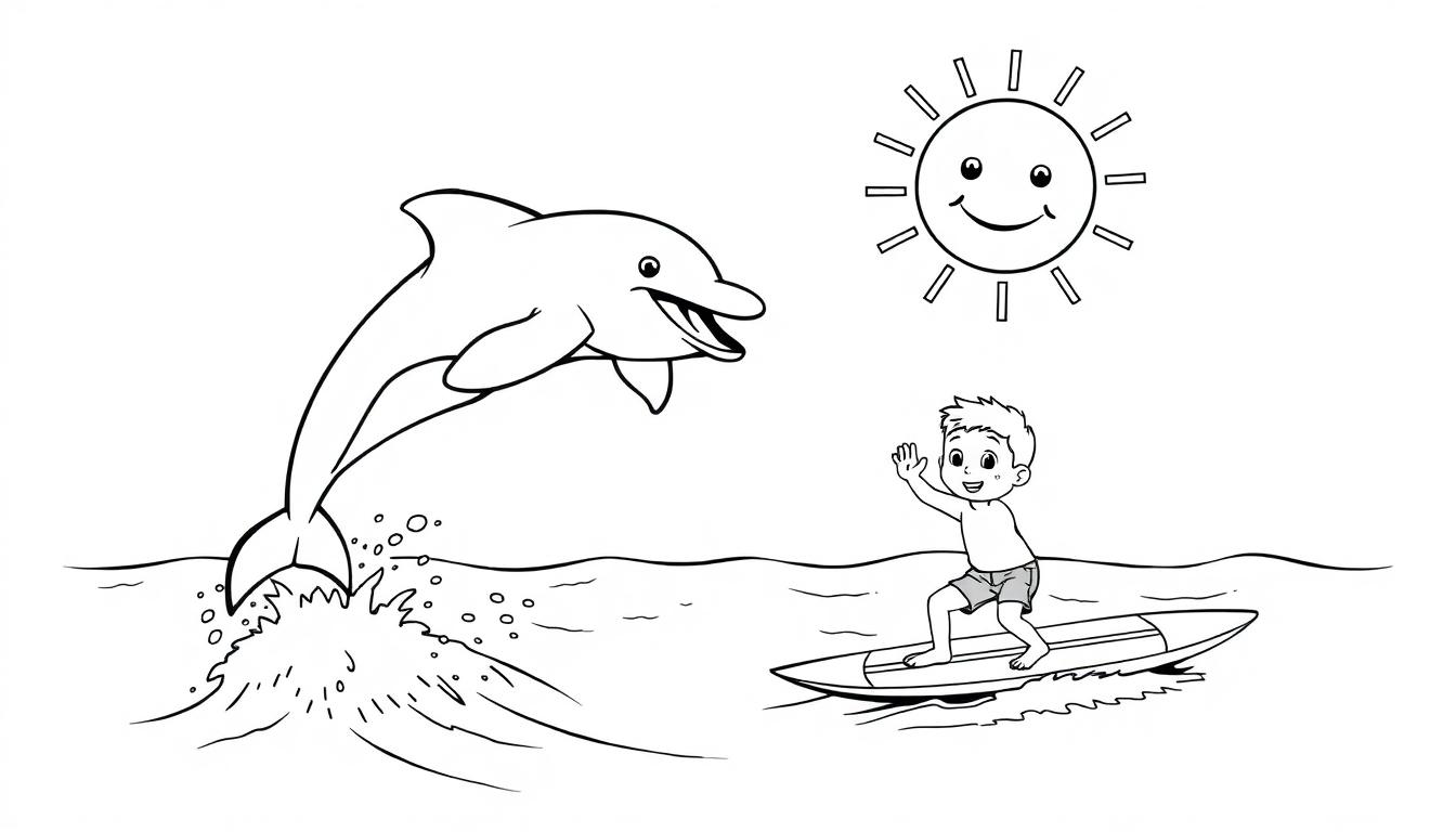 Schwarz-Weiß-Farbtafel: Ein Delfin springt aus einer Welle, während ein Junge auf einem Surfbrett winkt und eine lächelnde Sonne über ihnen scheint.