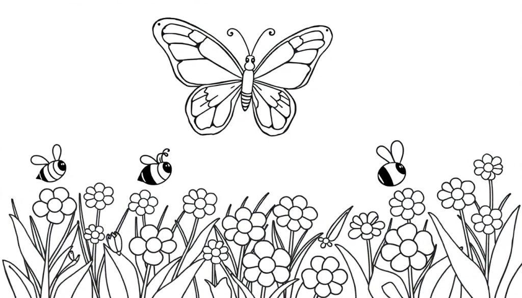 Schwarz-Weiß-Farbtafel einer Sommerwiese mit Schmetterling und Bienen.