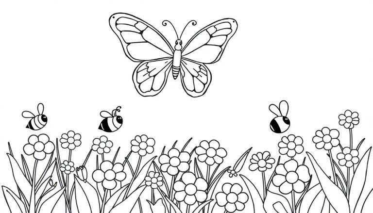 Schwarz-Weiß-Farbtafel einer Sommerwiese mit Schmetterling und Bienen.