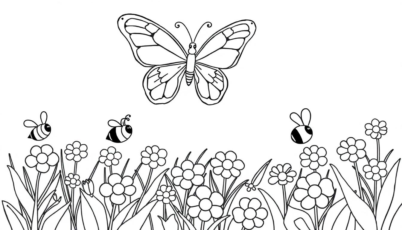Schwarz-Weiß-Farbtafel einer Sommerwiese mit Schmetterling und Bienen.