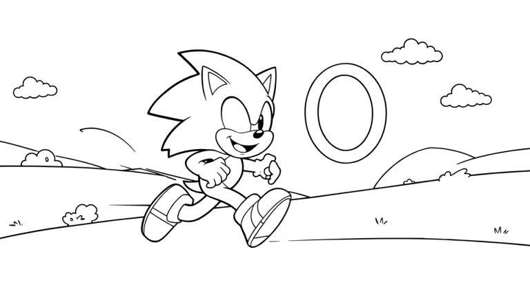Schwarz-Weiß-Farbtafel von Sonic, der auf einem Hügel rennt.