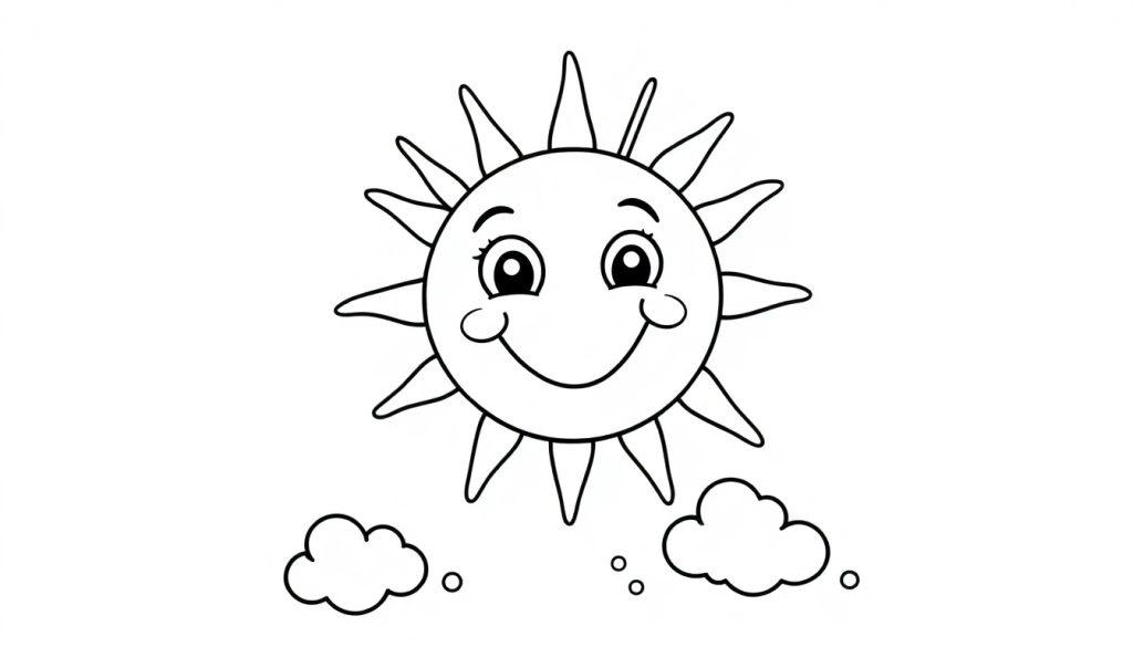 Eine einfache Schwarz-Weiß-Farbtafel einer lächelnden Sonne mit Strahlen.