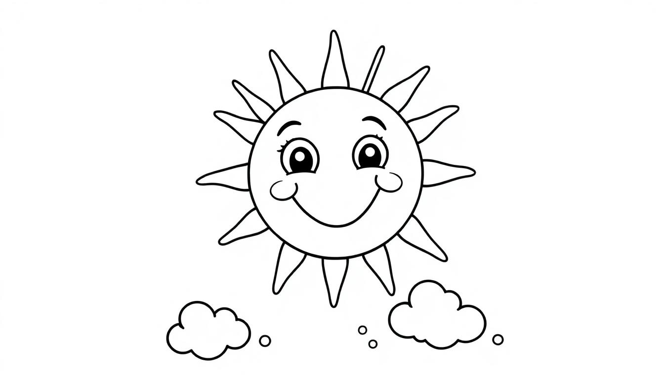Eine einfache Schwarz-Weiß-Farbtafel einer lächelnden Sonne mit Strahlen.
