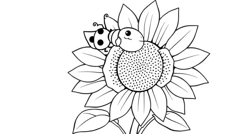 Schwarz-weiße Farbtafel einer Sonnenblume mit einem Marienkäfer.