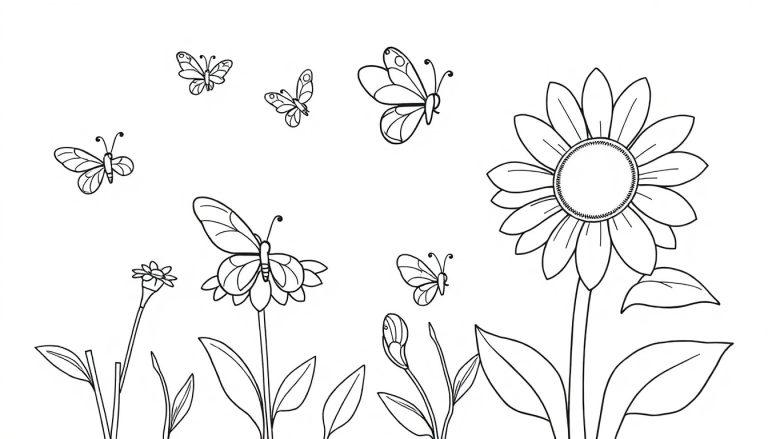Schwarz-Weiß-Farbtafel-Zeichnung von Sonnenblumen mit Schmetterlingen, perfekt zum Ausmalen.