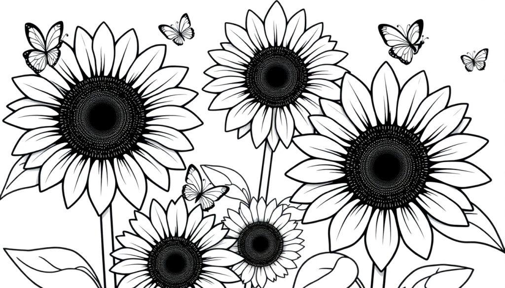 Schwarz-Weiß-Farbtafel einer Sonnenblumen- und Schmetterlingsszene mit detaillierten Sonnenblumen und Schmetterlingen.