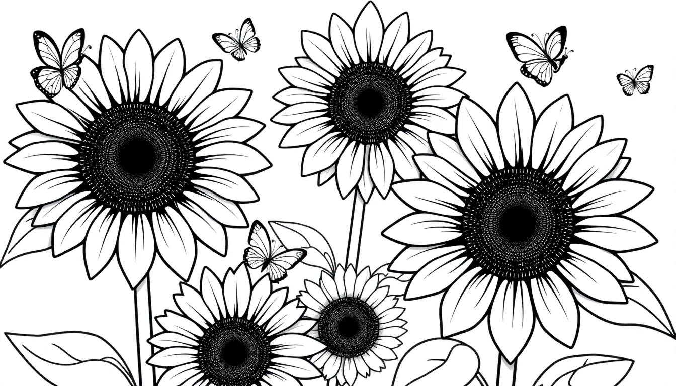 Schwarz-Weiß-Farbtafel einer Sonnenblumen- und Schmetterlingsszene mit detaillierten Sonnenblumen und Schmetterlingen.