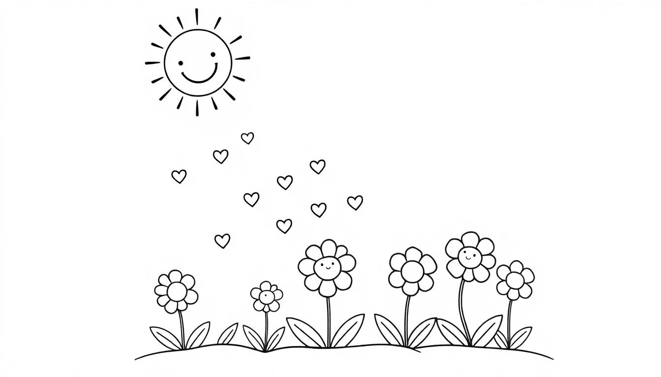 Schwarz-weiß Farbtafel: Lächelnde Sonne sendet Herzen und Blumen zum Lächeln.