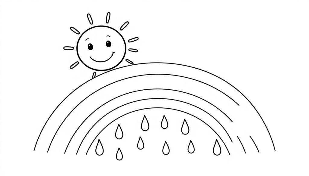 Eine schwarz-weiße Cartoon-Farbtafel der freundlichen Sonne mit einem Regenbogen, aus dem es regnet.