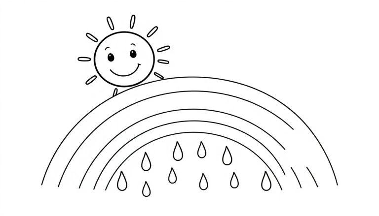 Eine schwarz-weiße Cartoon-Farbtafel der freundlichen Sonne mit einem Regenbogen, aus dem es regnet.