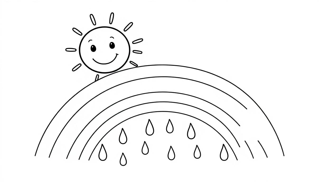 Eine schwarz-weiße Cartoon-Farbtafel der freundlichen Sonne mit einem Regenbogen, aus dem es regnet.