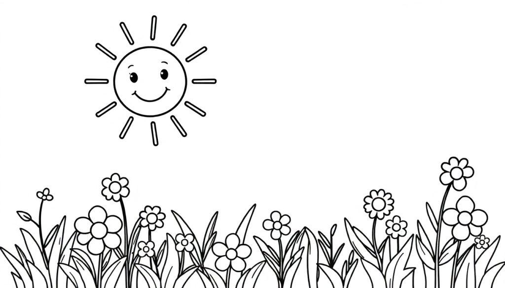 Eine Schwarz-Weiß-Farbtafel mit einer freundlichen Cartoon-Sonne, die auf eine Wiese mit Blumen und Gräsern scheint.