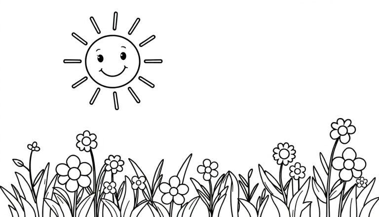 Eine Schwarz-Weiß-Farbtafel mit einer freundlichen Cartoon-Sonne, die auf eine Wiese mit Blumen und Gräsern scheint.
