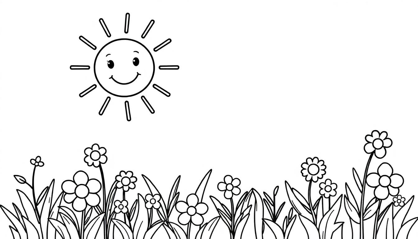 Eine Schwarz-Weiß-Farbtafel mit einer freundlichen Cartoon-Sonne, die auf eine Wiese mit Blumen und Gräsern scheint.