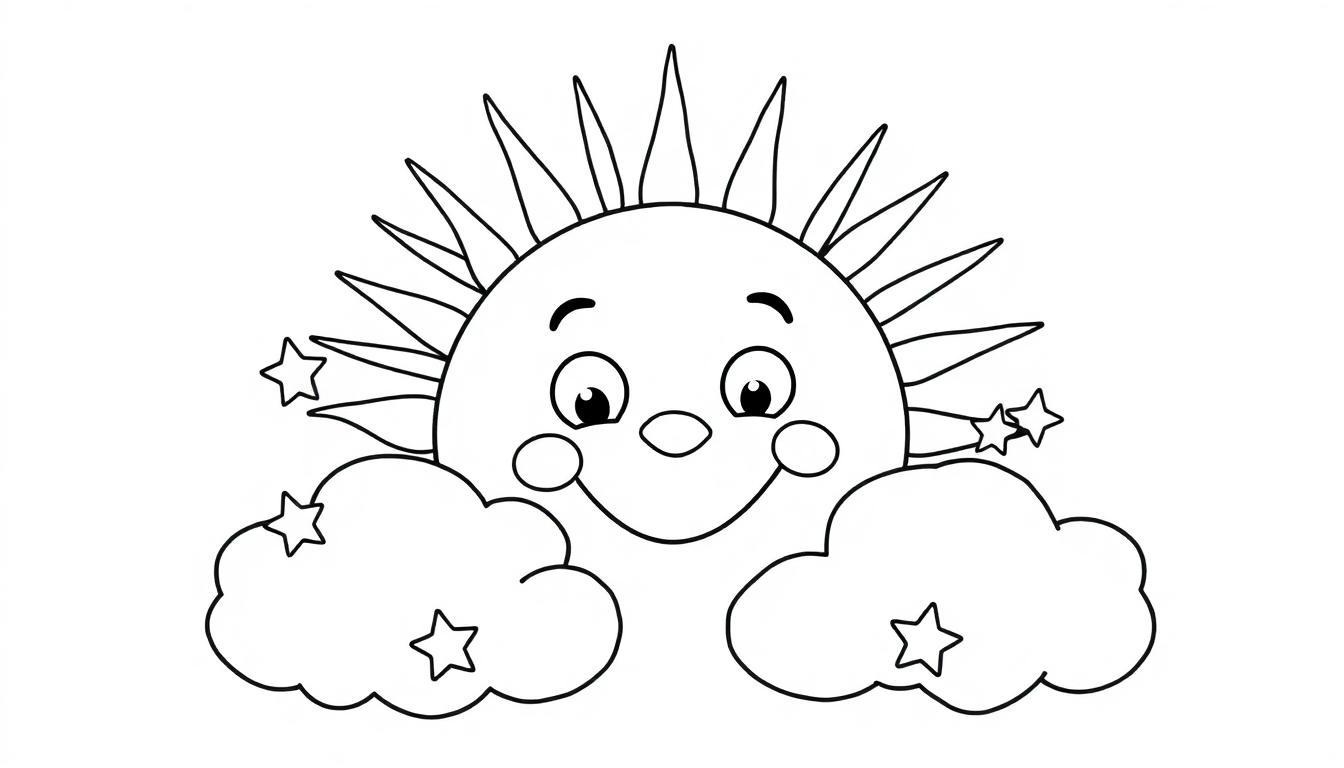 Schwarz-weiße Farbtafel-Zeichnung einer lächelnden Cartoon-Sonne, die hinter zwei Sternen-Wolken hervorlugt.