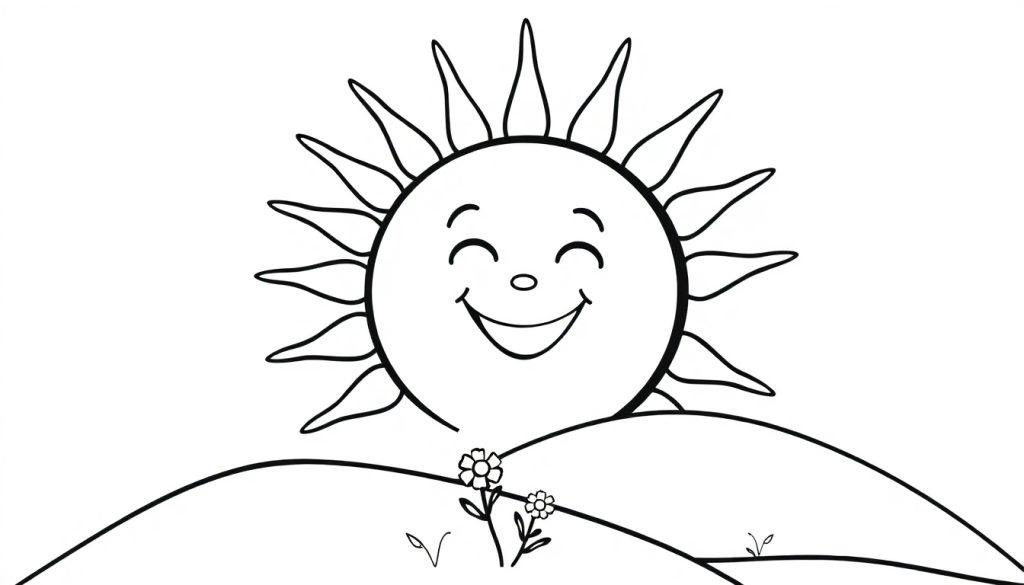 Eine freundliche Sonne mit lächelnden Strahlen auf einer Farbtafel-Seite.