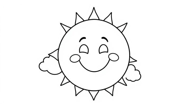 Schwarz-weiße Farbtafel einer lächelnden Cartoon-Sonne mit Zacken.