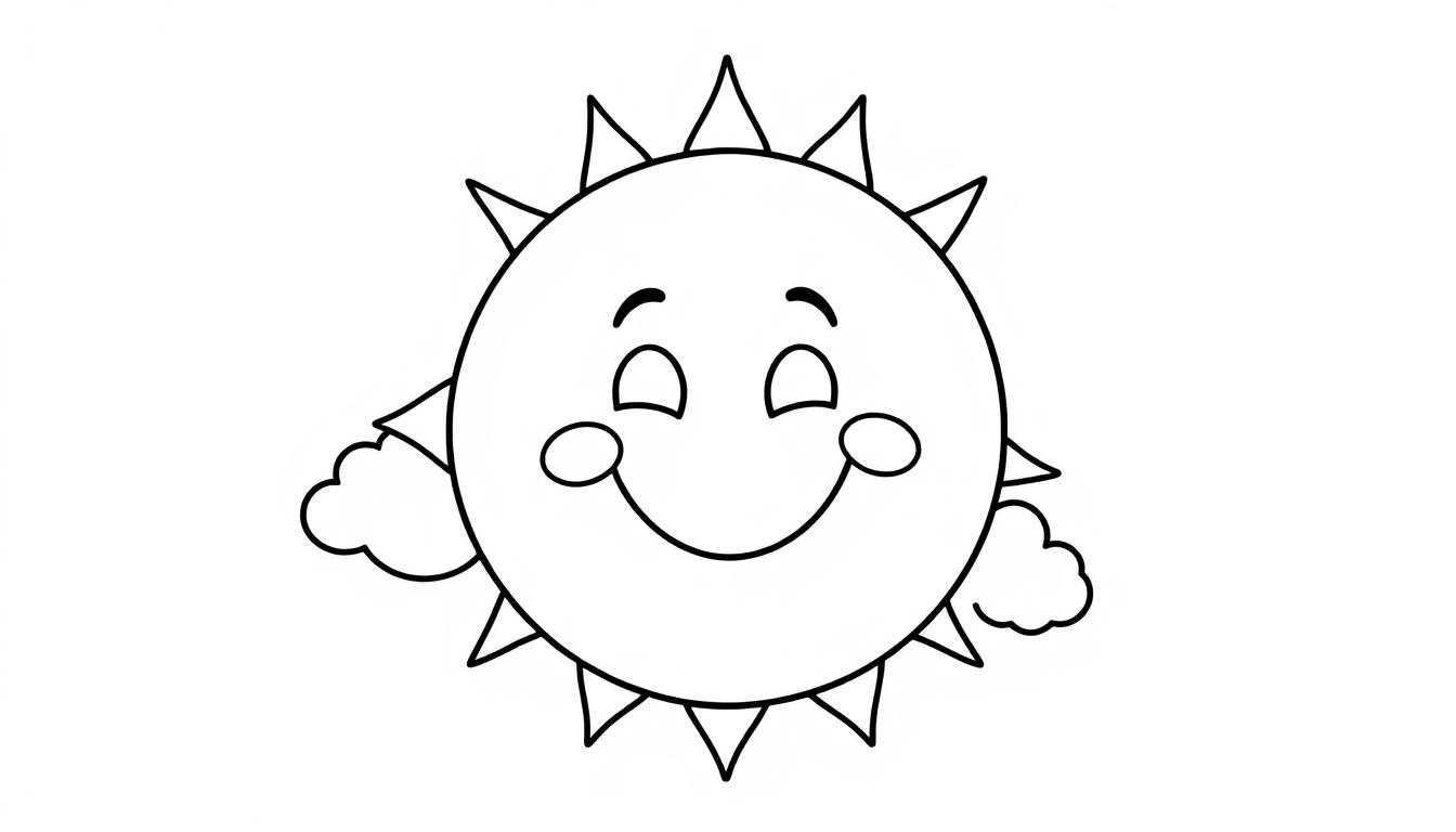Schwarz-weiße Farbtafel einer lächelnden Cartoon-Sonne mit Zacken.