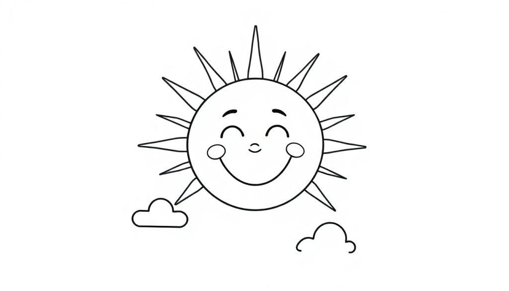 Eine fröhliche, lächelnde Sonne mit Strahlen und kleinen Wolken, bereit zum Ausmalen – eine Farbtafel.