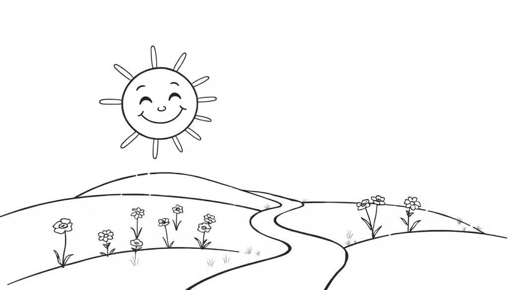 Eine lächelnde Sonne malt mit ihren Strahlen über eine sonnige Farbtafellandschaft mit Hügeln und Blumen.