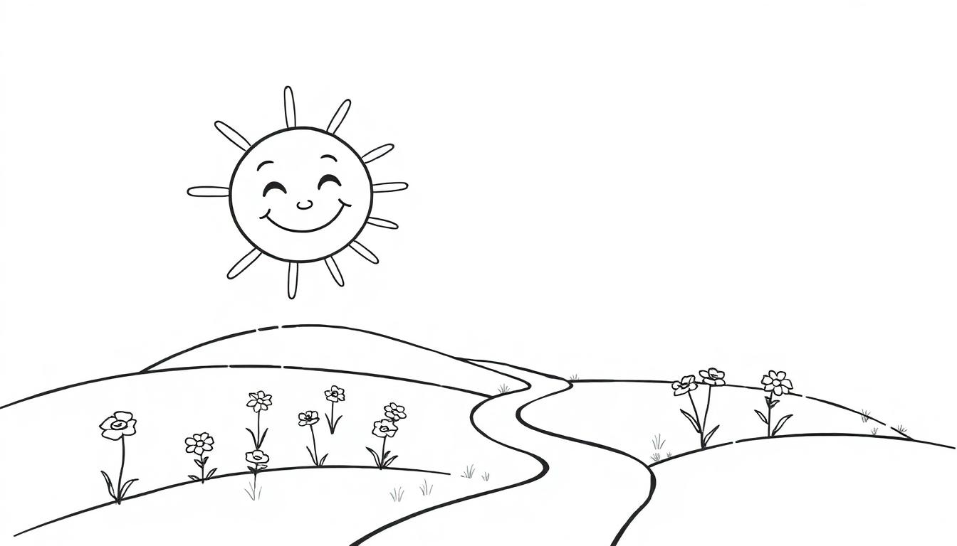 Eine lächelnde Sonne malt mit ihren Strahlen über eine sonnige Farbtafellandschaft mit Hügeln und Blumen.