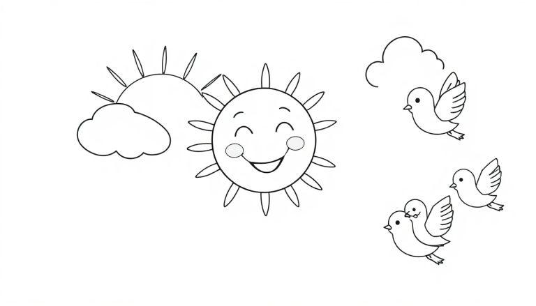 Schwarz-weiße Farbtafel: Lachende Sonne über einer Wolke mit fliegenden Vögeln.