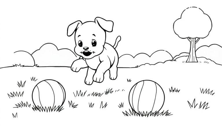Schwarz-weiß Farbtafel eines verspielten Hundewelpen, der in der Luft springt und mit zwei Bällen im Gras spielt.