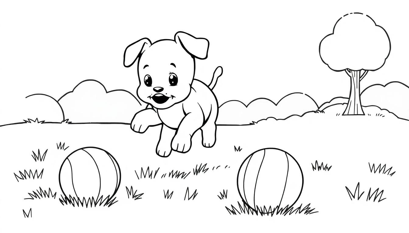 Schwarz-weiß Farbtafel eines verspielten Hundewelpen, der in der Luft springt und mit zwei Bällen im Gras spielt.