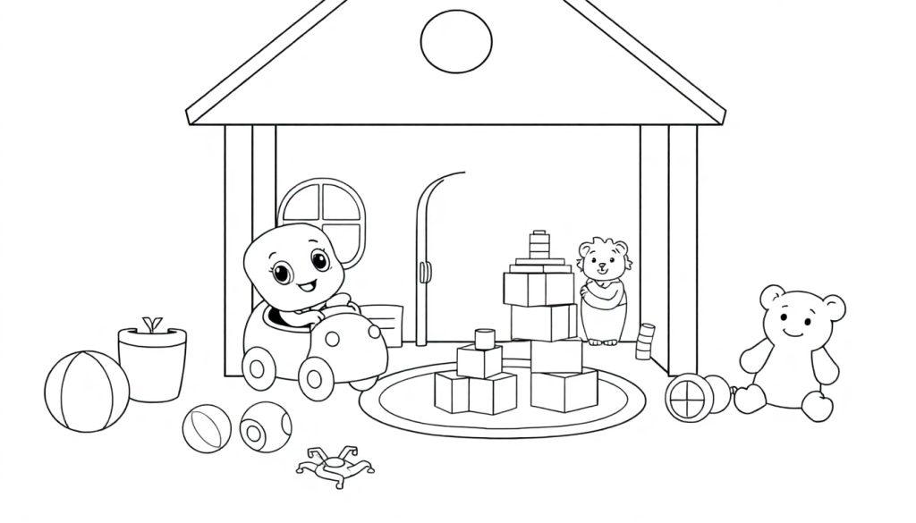 Schwarz-weiße Farbtafel eines Spielzimmers mit einem Spielhaus, einem Cartoon-Wesen in einem Spielzeugauto und verschiedenen Spielzeugen.