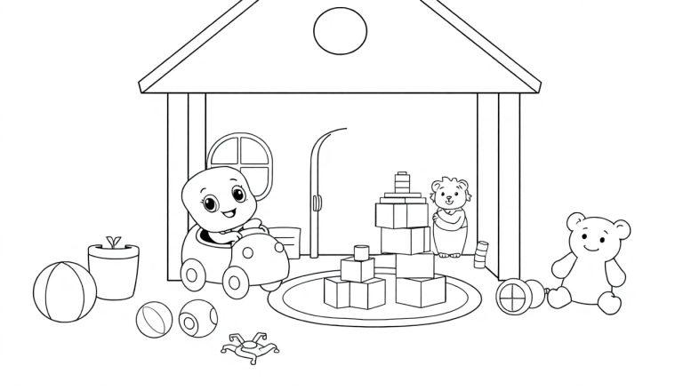 Schwarz-weiße Farbtafel eines Spielzimmers mit einem Spielhaus, einem Cartoon-Wesen in einem Spielzeugauto und verschiedenen Spielzeugen.