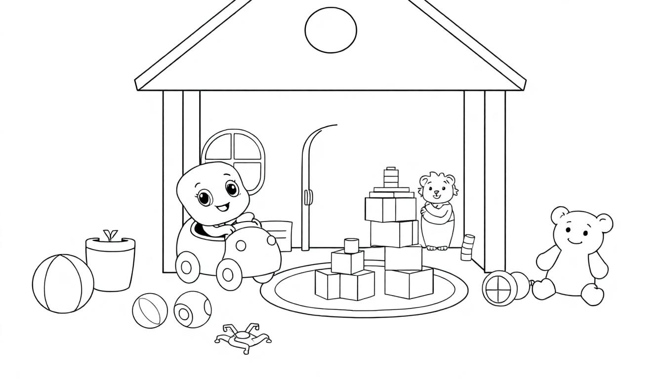 Schwarz-weiße Farbtafel eines Spielzimmers mit einem Spielhaus, einem Cartoon-Wesen in einem Spielzeugauto und verschiedenen Spielzeugen.
