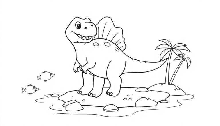 Eine freundliche Schwarz-Weiß-Farbtafel-Zeichnung eines lachenden Spinosaurus mit einem großen Rückensegel auf einer felsigen Insel mit Palmen.