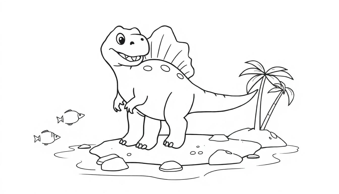 Eine freundliche Schwarz-Weiß-Farbtafel-Zeichnung eines lachenden Spinosaurus mit einem großen Rückensegel auf einer felsigen Insel mit Palmen.