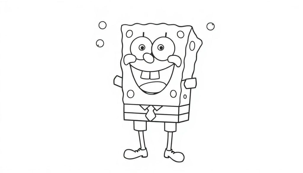 Eine lustige Farbtafel-Zeichnung von SpongeBob Schwammkopf mit drei Blasen über seinem Kopf.