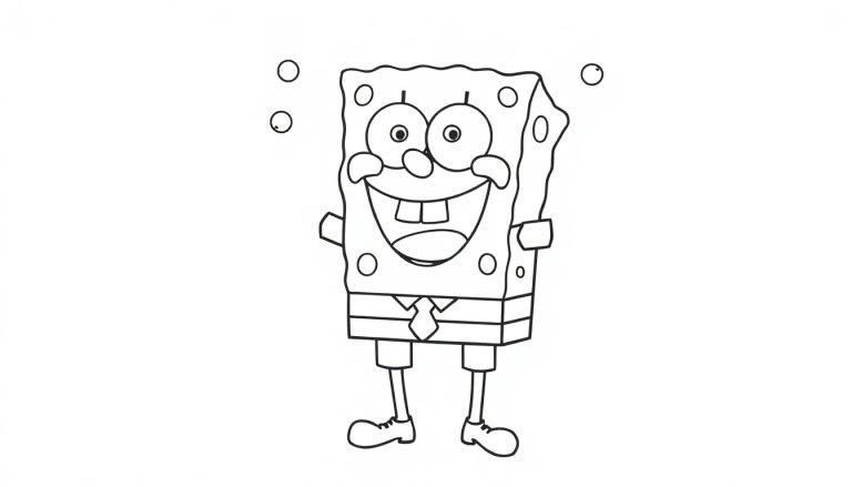 Eine lustige Farbtafel-Zeichnung von SpongeBob Schwammkopf mit drei Blasen über seinem Kopf.
