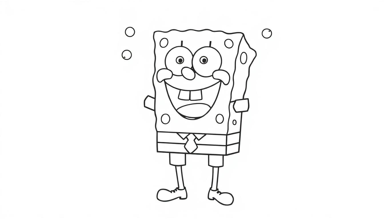 Eine lustige Farbtafel-Zeichnung von SpongeBob Schwammkopf mit drei Blasen über seinem Kopf.